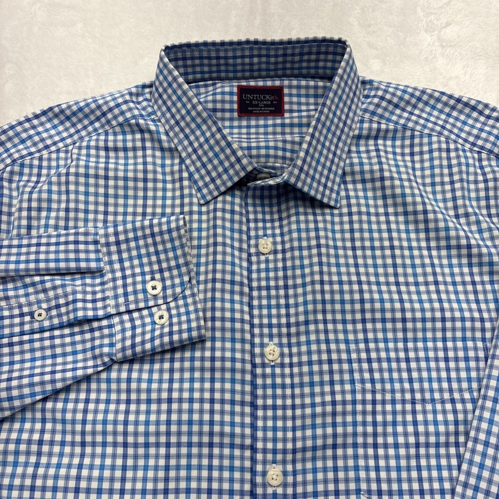 UNTUCKit Lehman Button Down Shirt Men's XXL Tall Blue Gingham Stretch Casual